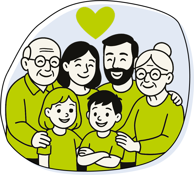 schlichte Illustration einer Familie mit Kindern, Eltern und Großeltern und einem Herz