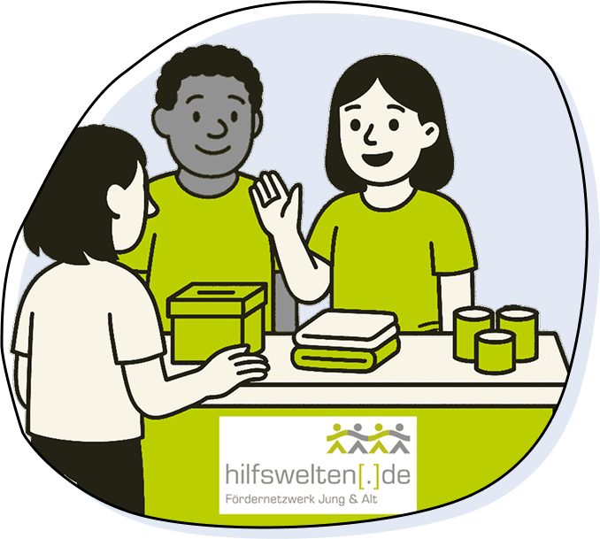 Schlichte Illustration eines Hilfswelten-Infostandes mit drei Personen